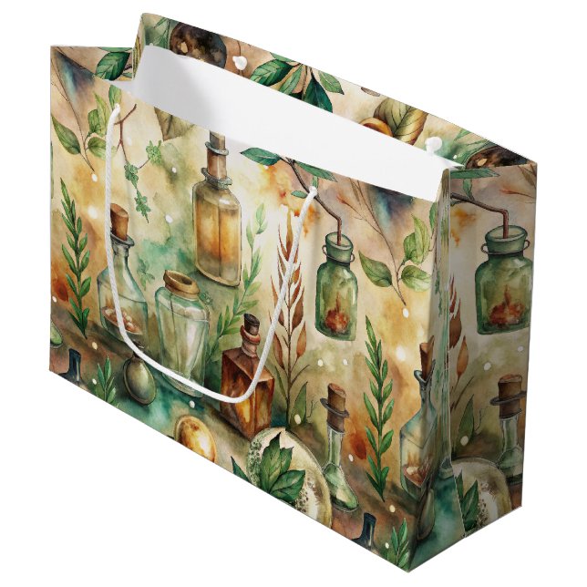 Vintage Alchemy Bottles Botanical Green Large Gift Bag (Front Angled)