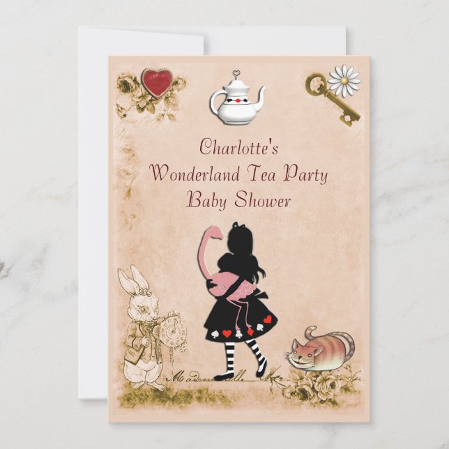 Vintage Alice & Flamingo Wonderland Baby Shower Invitation (Front)