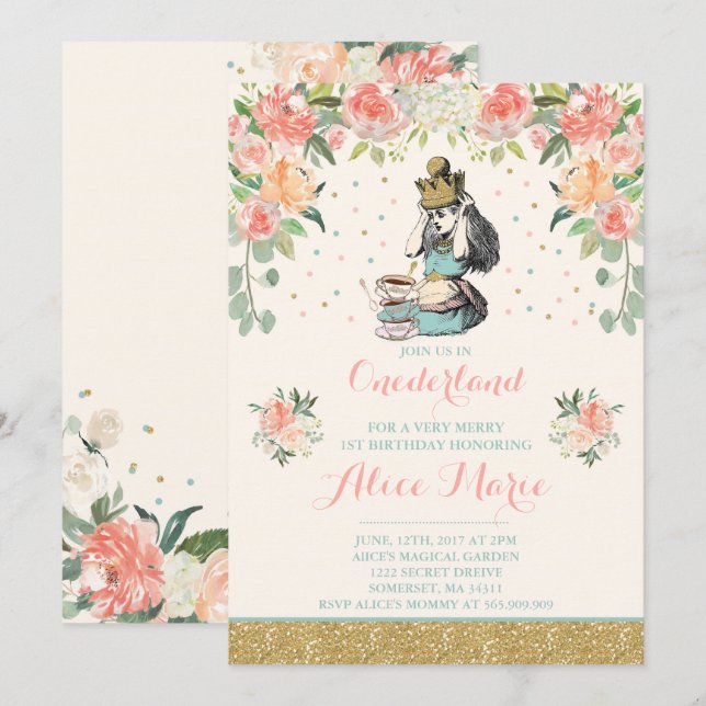 Vintage Alice In ONEderland Birthday Invitation (Front/Back)
