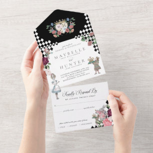 Vintage Alice in Wonderland Black Chequerboard All In One Invitation