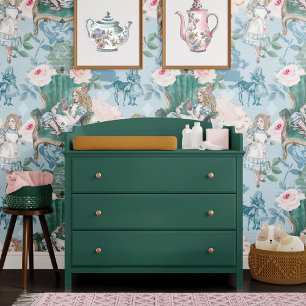 Vintage Alice In Wonderland Blue Roses Decoupage Wallpaper