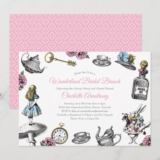 Vintage Alice in Wonderland Bridal Brunch Invitation (Front/Back)
