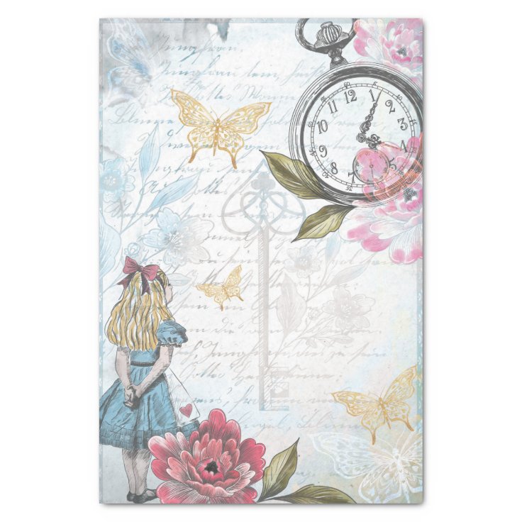 Vintage Alice In Wonderland Pink Roses Decoupage Wrapping Paper