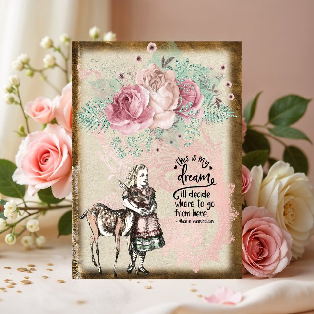 Vintage Alice in Wonderland Floral Roses Deer Hug  Note Card (Creator Uploaded)