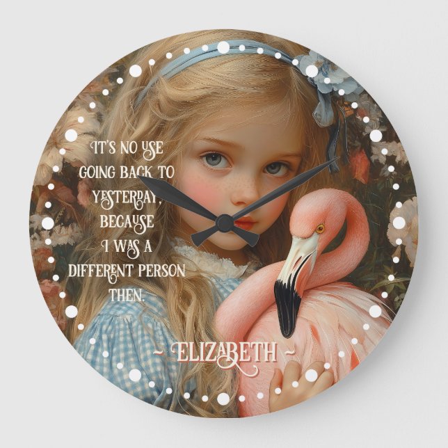 Vintage Alice in Wonderland Hugging Flamingo Large Clock (Front)