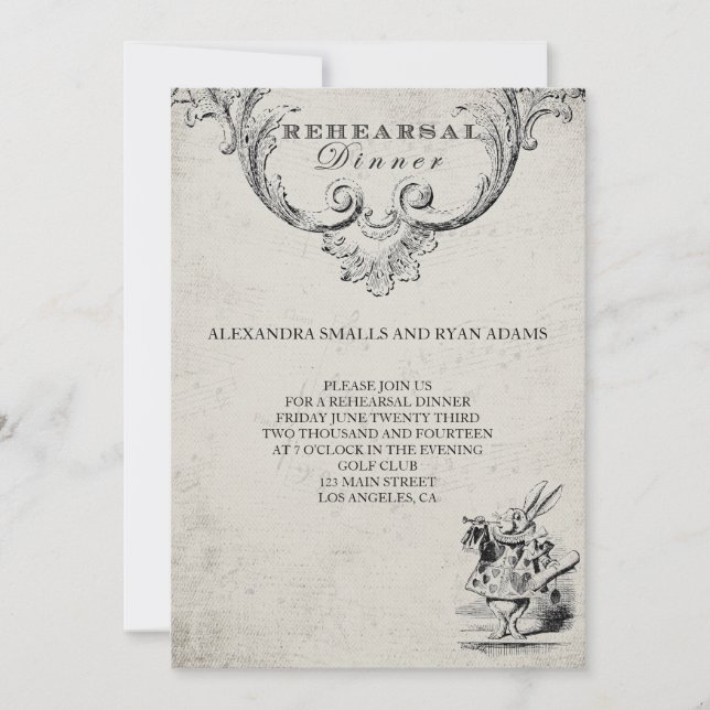 Vintage Alice in Wonderland Rehearsal Dinner Invitation (Front)