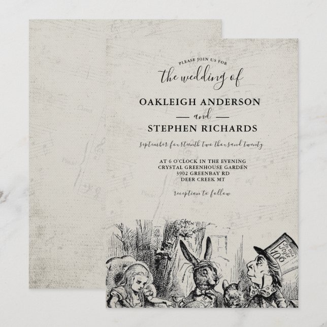 Vintage Alice in Wonderland Wedding Invitation (Front/Back)