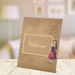 Vintage Alice in Wonderland Welcome Tabletop Pedestal Sign