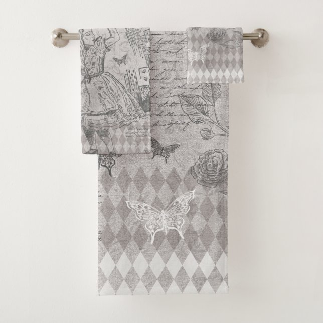 Vintage Alice Wonderland Decoupage Grey Bath Towel Set (Insitu)
