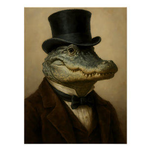 Vintage Alligator in Top Hat & Bow Tie Poster