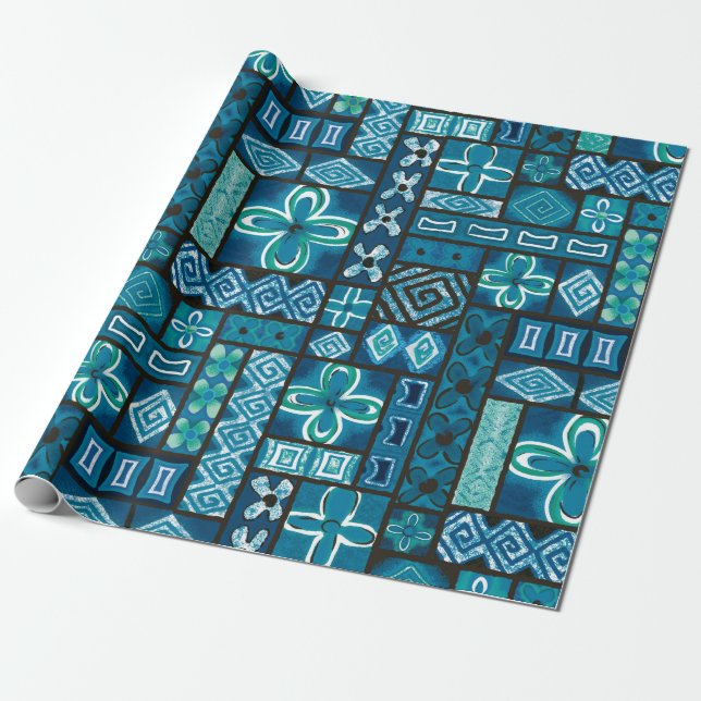 Vintage Aloha Gift Wrap | Pua Blue (Unrolled)