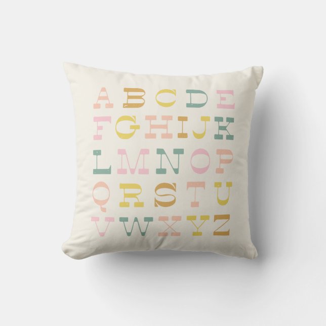 Vintage Alphabet in Pastel Colours Boho Nursery Cushion (Front)
