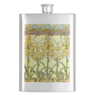 Vintage Alphonse Mucha Art Nouveau Lily Pattern Hip Flask