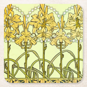 Vintage Alphonse Mucha Art Nouveau Lily Pattern Square Paper Coaster
