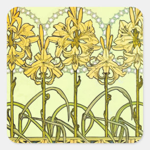 Vintage Alphonse Mucha Art Nouveau Lily Pattern Square Sticker
