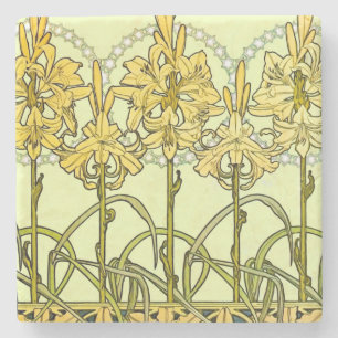 Vintage Alphonse Mucha Art Nouveau Lily Pattern Stone Coaster