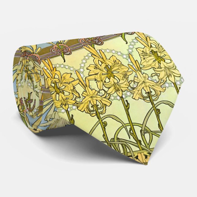 Vintage Alphonse Mucha Art Nouveau Lily Pattern Tie (Rolled)