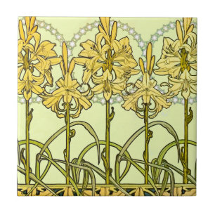 Vintage Alphonse Mucha Art Nouveau Lily Pattern Tile