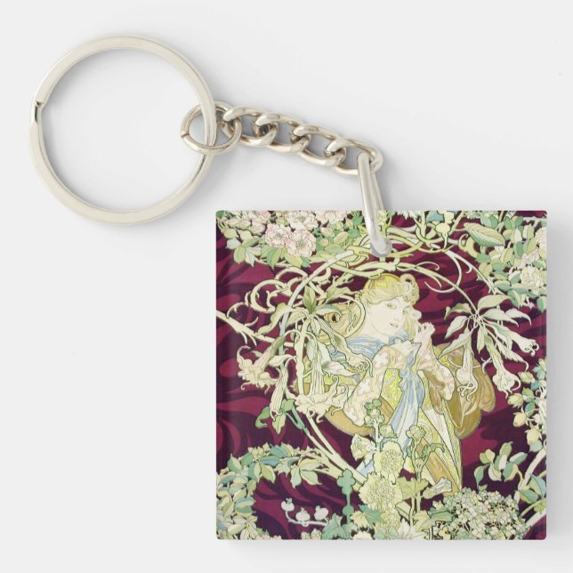 Vintage Alphonse Mucha, Woman with Daisy Key Ring (Front)