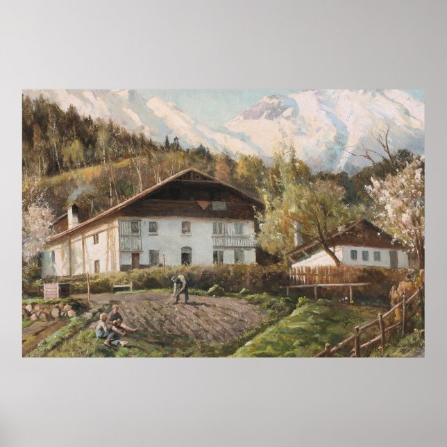 Vintage Alpine Farmhouse Spring Landscape Poster (Front)
