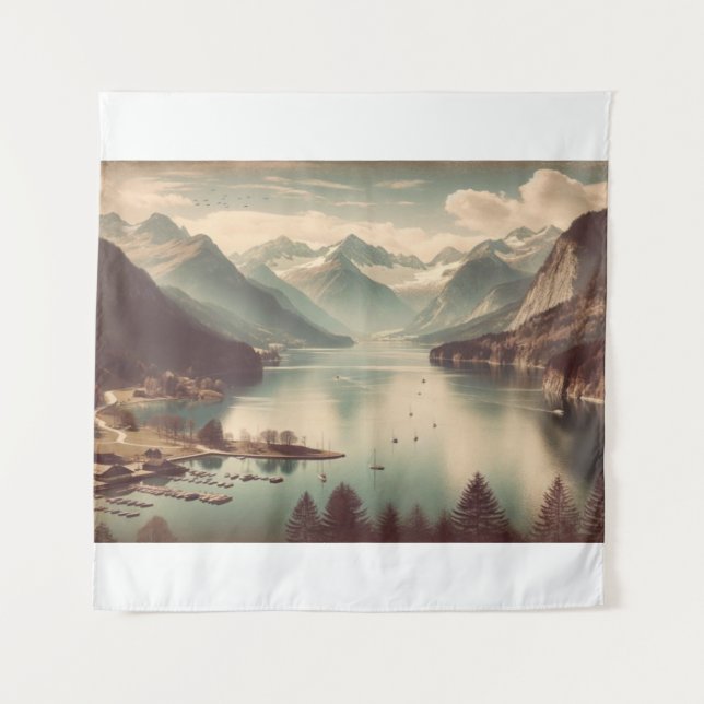 Vintage Alpine Lake Landscape Tapestry  (Front)