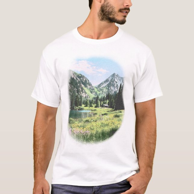 Vintage Alpine Mountain Lake Scenic Graphic T-Shirt (Front)