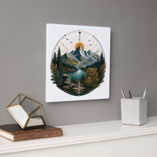 Vintage Alpine Wilderness Adventure Landscape Art Square Wall Clock