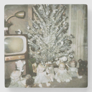 Vintage Aluminium Christmas Tree with Old Toys Stone Coaster
