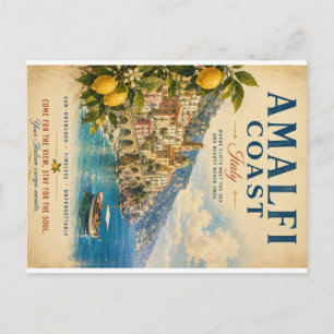 Vintage Amalfi Coast Italy Travel Poster with Sun- Holiday Postcard