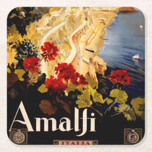 Vintage Amalfi Italia Travel Graphic Poster Art Square Paper Coaster