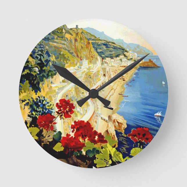 Vintage Amalfi Italy Europe Travel Round Clock (Front)