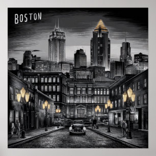 Vintage America Boston City Skyline, Boston Ma Us Poster