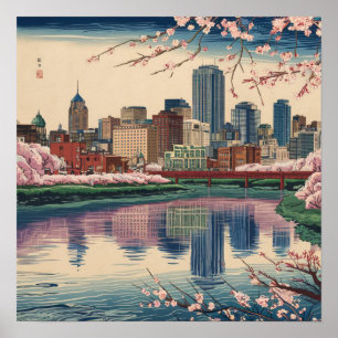 Vintage America Boston Ma City Skyline Ukiyo Style Poster