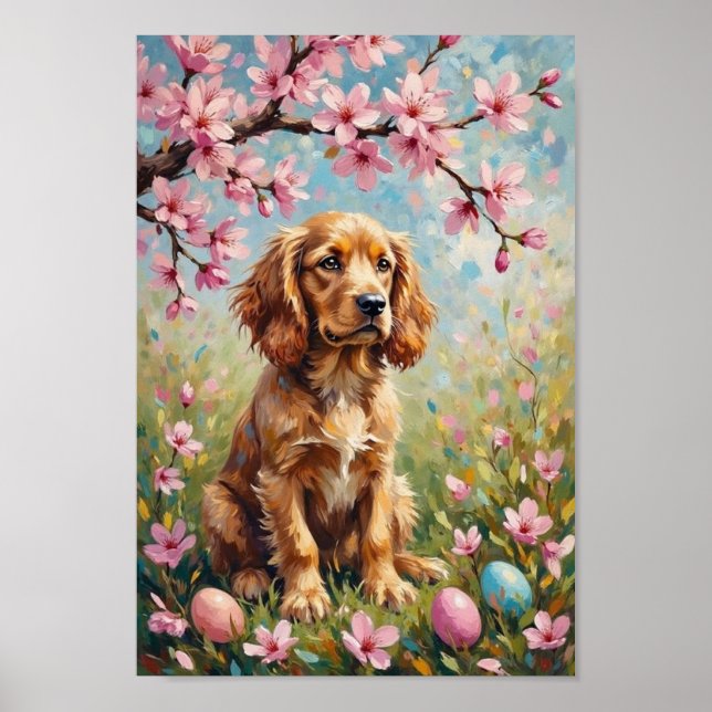 Vintage American Cocker Spaniel Easter Blossom Art Poster (Front)