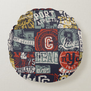 Vintage American college sporting badges patchwork Round Cushion