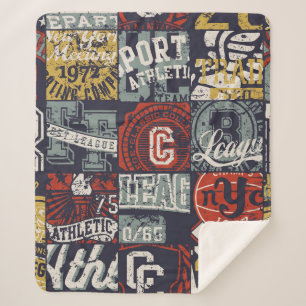 Vintage American college sporting badges patchwork Sherpa Blanket