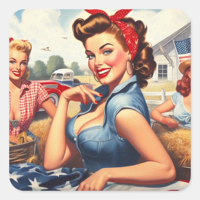 Vintage American Country Girl Square Sticker (Front)