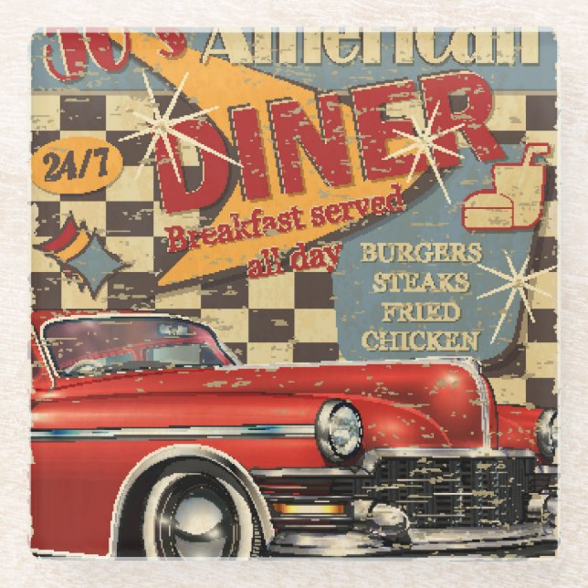 Vintage American Diner poster: retro style Glass Coaster (Front)