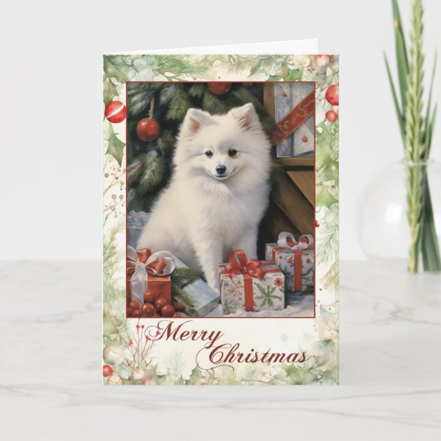 Vintage American Eskimo Dog Holiday Card (Front)