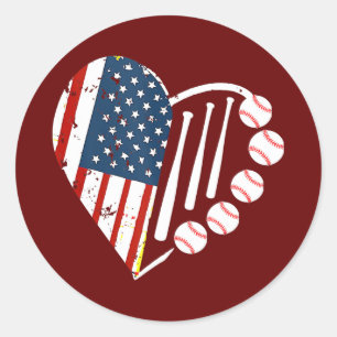 Vintage American Flag Baseball Heart 4th Of July Classic Round Sticker