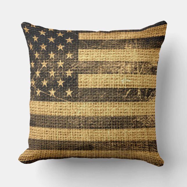 Vintage American Flag Burlap Linen Rustic Jute Cushion (Front)