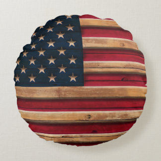 Vintage American Flag Distressed Wood Design Round Cushion