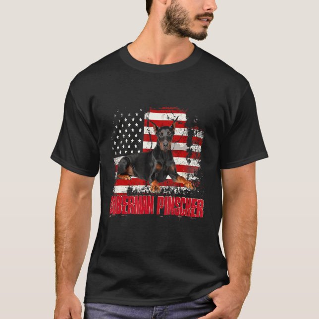 Vintage American Flag Doberman Pinscher Dog T-Shirt (Front)