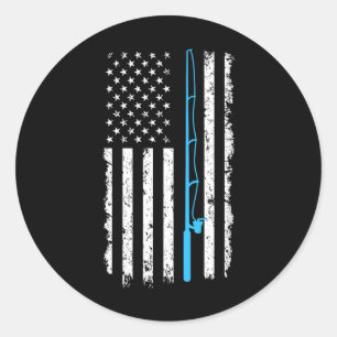 Vintage American Flag Fishing Rod Short Sleeve Classic Round Sticker