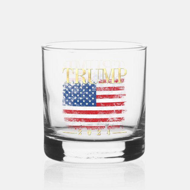 Vintage American Flag Gold Trump 2024 Whiskey Glass (Front)