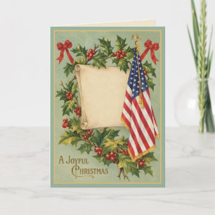 Vintage American Flag & Holly Christmas Card