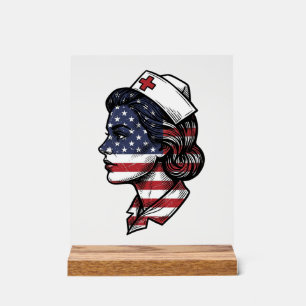Vintage American Flag Nurse Profile Vector Design_ Acrylic Sign