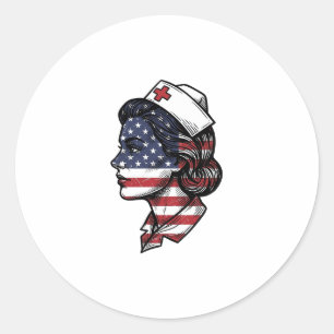 Vintage American Flag Nurse Profile Vector Design_ Classic Round Sticker