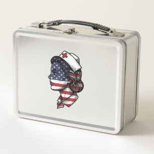Vintage American Flag Nurse Profile Vector Design_ Metal Lunch Box