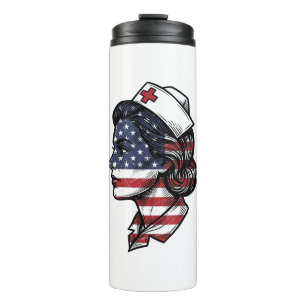 Vintage American Flag Nurse Profile Vector Design_ Thermal Tumbler